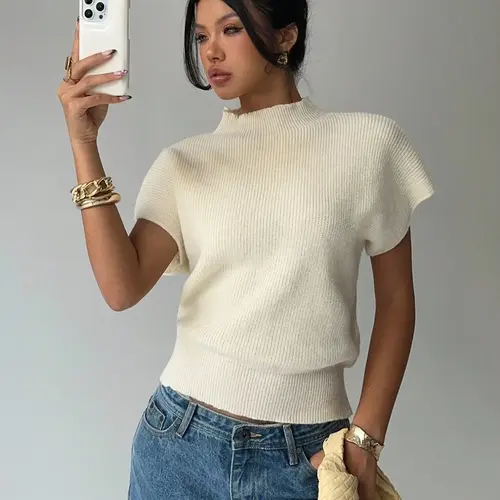 Women's Sweater Top Business Casual Fitted, Cute Minimalist Summer Knitwear, Casual Knit Tops, Perfect for Spring & Summer, Ladies' Pullover Fashion, Fashion Knitwear Clothing, Womenswear
