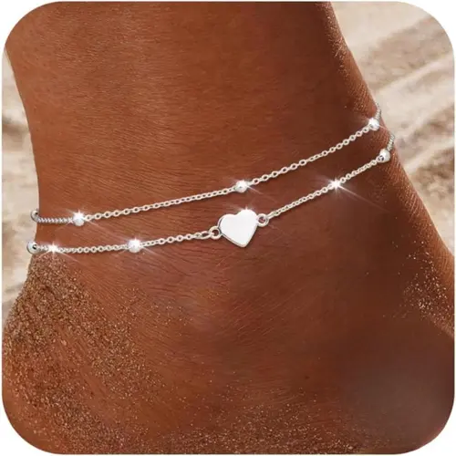 Women's Dainty Layered Boho Anklet Bracelet, Waterproof Adjustable Silver Color Beaded Cz Heart Foot Jewelry, Elegant Plain Style, Elegant Accessory, Summer Jewelry