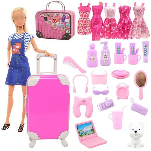 11.5in Girl Doll Toy Luggage Set with Velcro - 1 Luggage, 5 Dresses, 21 Toiletries, Puppy, Computer, Travel Clothes, 32 Pcs Miniature Doll Accessories, Easy to Use for Role-Playing - Birthday Gifts for Girls, Little Gifts For Girls