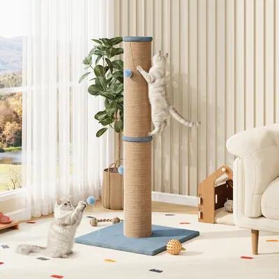 LIKIMIO Vertical Natural Sisal Cat Scratching Post - 41.7" Tall, 6.2" Diameter, with Hanging Ball, for Kittens & Adult Indoor Cats, Natural Sisal Scratcher, Vertical Scratcher