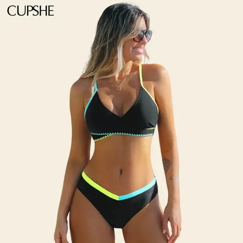 CUPSHE Electric Spark Diamond Neckline Low-rise Black Swimsuit Bikini Set Swimwear Bathing suit , Bikini Bottoms, Nylon, Bathing Suit Outfits, Bikini Sets #summerfinds