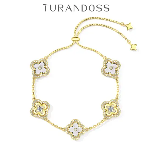 Turandoss 14K Gold Plated Clover Charm Bracelet - Flower Design, Hypoallergenic Adjustable, Simple Yet Elegant Look, Women's Dainty Gold-Plated Clover Charm Bracelets & Bangles, Meaningful Birthday Gift