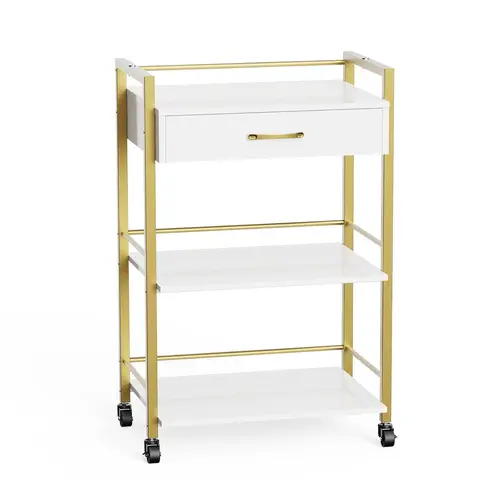OmySalon White Gold Wooden Salon Trolley Cart with Transport Wheels, 0.59" Thick Board Organiser Racks, Mobile Utility Cabinet with 1 Drawer & 2 Trays for Beauty SPA Supplies