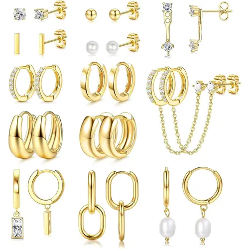 13 Pairs 14K Gold-Plated Dainty Earrings Set, Tiny Huggie Hoops & Faux Pearl Studs, Hypoallergenic & Lightweight Material, Perfect Gift for Women, High Quality Earrings, Huggie Earring Pack