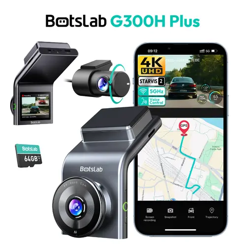 BOTSLAB 4K Dash Cam Front and Rear, STARVIS 2 Sensor, Voice Control, 64GB Card Included, 5GHz WiFi Dashcam Front and Rear Camera, Built in GPS, WDR Night Vision, 170°Wide Angle, 24H Parking Mode, Memory Card