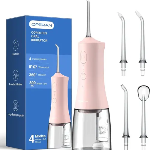 Operan 869 Cordless Portable Rechargeable Water Flosser - 300ML, IPX7 Waterproof, 360-Degree Rotating Tips, 4 Modes Oral Irrigator, Oral Plaque Remover for Braces, Home & Travel Electric Teeth Cleaner Gift Oral Care Tools Oral Hygiene Kit, Usb-A