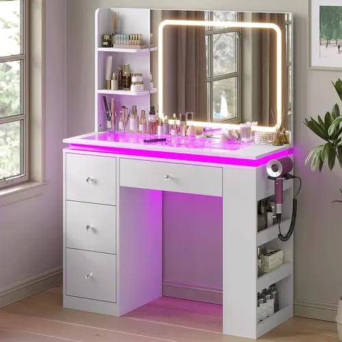 CollaredEagle Lighted Vanity Desk - White Freestanding Makeup Vanity with Adjustable LED Lights, Storage Drawer, Plug Sockets Charging Station for Bedroom, Bathroom