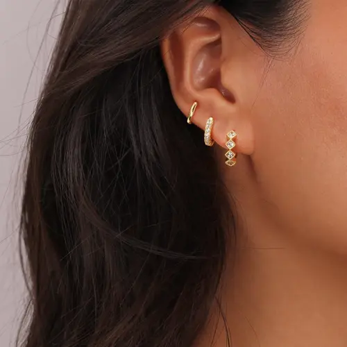 Pancert Women's 3-Piece Geometric Hoop Earring Stack - Hypoallergenic Metal Coating Gold Embellished Daily Earring Stacking Set with Rhombus Zircon Charm Mix-and-Match Mini Hoops