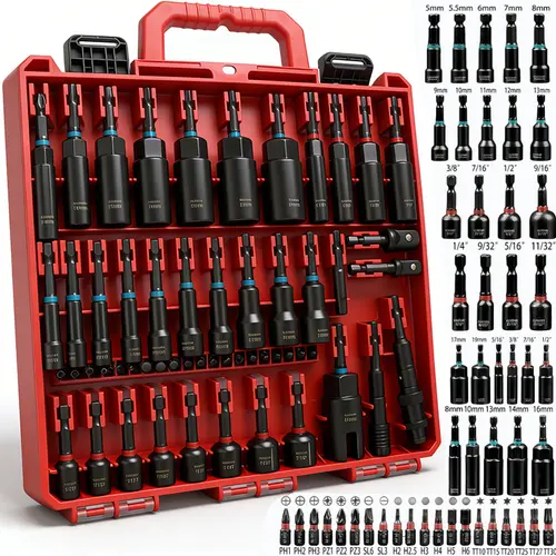 Magnetic Impact Nut Driver Set, 55pcs 1/4 Socket Set with Deep Driver Bit Sets Includes Bit Extension, Pivoting & Wing Nut Setters Compatible with Impact Drills & Deep Drivers