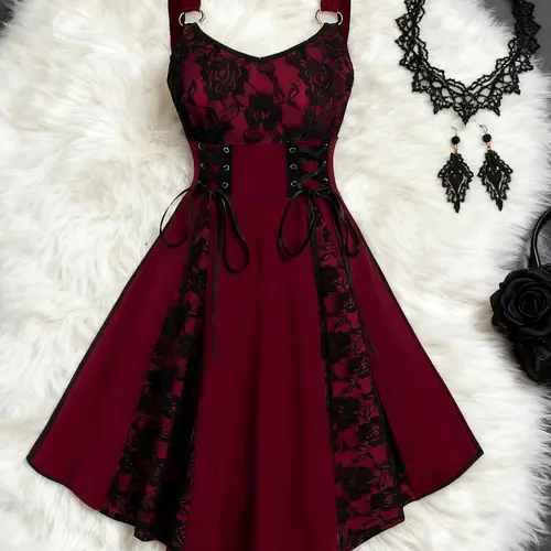 【Black Friday】Women's Gothic Lace Patchwork Strap Dress, Elegant Lace-