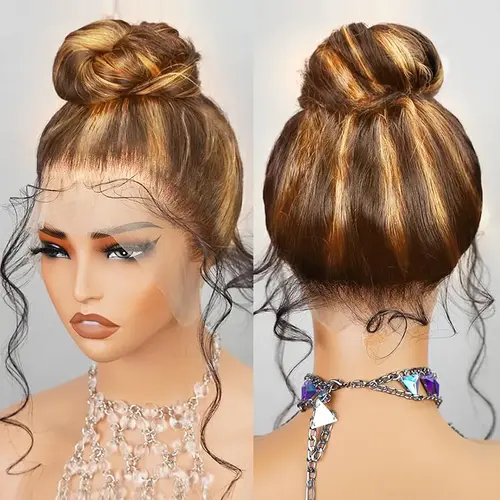 [Invisible Strap 360 Lace Wig] Anyweek Honey Blonde 360 Wig Human Hair Hidden Strap Drawstring Highlight Ombre Drawstring 360 Body Wave Lace Front Wigs Human Hair Pre Plucked 180 Density Glueless Wigs for Black Women Full Frontal Lace Wig 4/27 Colored