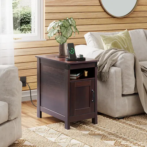 WLIVE Farmhouse End Table - 13.39"w x 23.50"d x 23.66"h Small Size Furniture with Built-in USB Ports, AC Outlets, Storage, Vintage Look Warms Modern Rooms, Narrow Nightstand for Bedroom & Living Room
