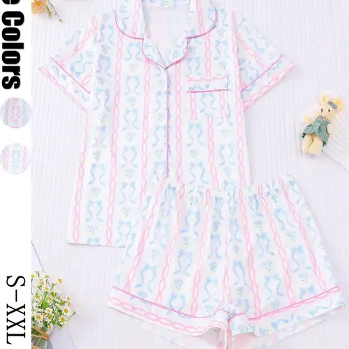 Women's Sleepwear Set, Pajama Set, Cartoon Pattern Fitted Design, Comfortable Short Sleeve Top & Elastic Shorts, Casual Home Wear