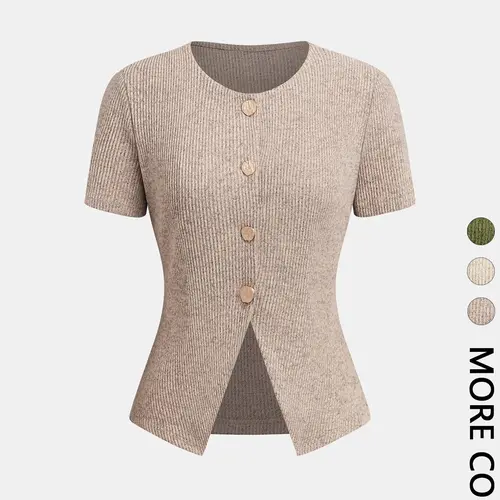 1 Piece Solid Color Ribbed Short Sleeve Button Front Women Garment Top Blouse Shirts Basic Minimalist Everyday Wear Fit