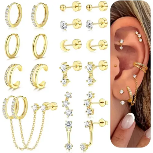 Women's Small Gold Earrings, 20pcs Hypoallergenic 20G Surgical Stainless Steel Flat-Back Stud and Hoop Cartilage Casual Earrings Set, Dainty Stackable Multiple-Piercing Earrings, Earrings with Flat Backs