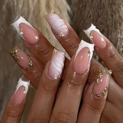 24-Piece Square French Nail Set, Decorated with Small Gems and Pearls, Glossy Acrylic False Nails for Women and Girls, Home Nail Art, Press on Sets, Decorative Nails