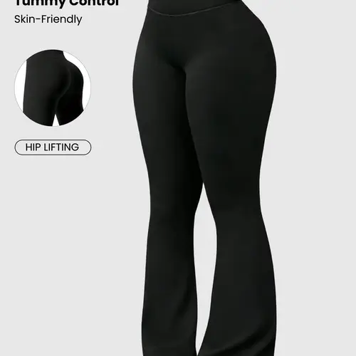 Women's High-Waisted Solid Color Flare Yoga Pants, Running and Fitness Tight Gym Workout Leggings, Comfortable Workout Clothes, Athleisure Style Bottoms, Sports Comfy Leggings, Gym Clothing, Fitness Training Pants, High Waisted Sportswear