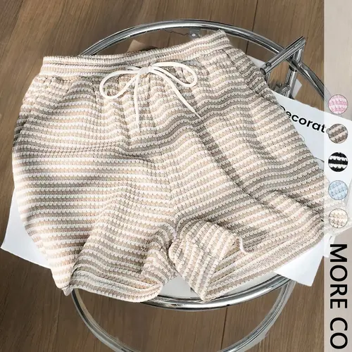 Women's Summer Knit Breathable Striped Bottom Shorts with Adjustable Elastic Drawstring Waist and Pockets, Casual Home and Sportswear Lightweight Knitted