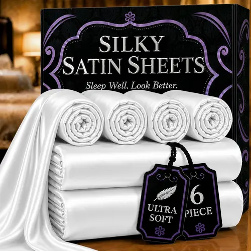DECOLURE Luxury Glam Full Size Bedding Sheets Set - 6-Piece Silky Satin, 15in Deep Pocket Silky Fitted Sheet, Wrinkle-Resistant, Fade-Resistant, Machine Washable, Low Fuss, Hair-Safe, Cool Temp Control, Gifts for Women