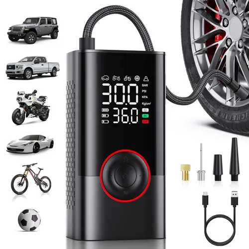 Portable Air Compressor Tire Inflator - Portable Cordless Mini Air Pump with Digital Pressure Gauge, 3X Fast Inflation and Auto Shutoff Function, Suitable for inflating Balls, Motorcycle, Bicycle and Car Tires! #BackToSchool