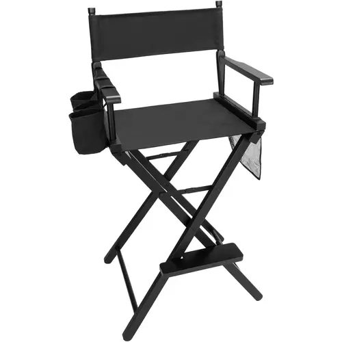 OmySalon Tall Folding Director's Chair for Makeup Artists, Solid Hardwood Frame, Polyester Black Canvas, Replacement Cover, Storage Bags, Bottle Holder, Footrest, 250 lbs Capacity, Easy Storage and Transport sohochic