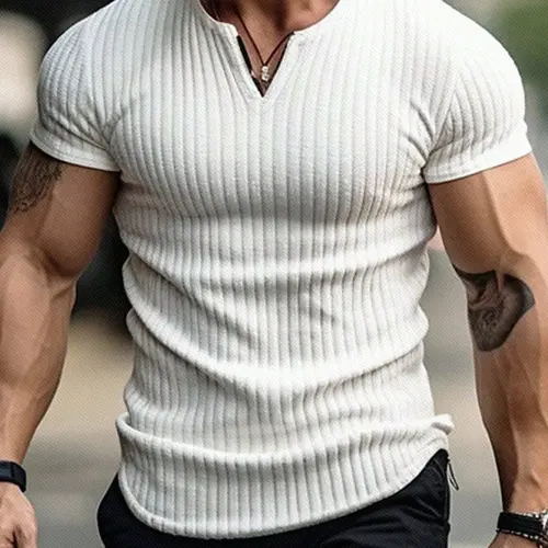 Men's Spring Summer Outfits Vertical Striped Textured V-Neck Short Sleeve T-Shirt Fitness Workout Shirt for Daliy Wear, Gym Wear Fitness Shirts Solid Color Old Money Style, Casual Sporty Essential for Man's Wardrobe, Athletic Fashion Activewear