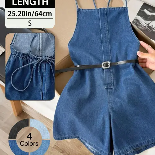 Elegant Backless Denim Jumpsuit Sleeveless for Women, Tie-Waist Slimming Wide Leg Shorts, Summer Fashion One-Piece