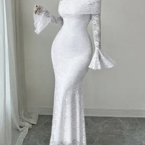 Women's One Shoulder Flare Sleeve Bodycon Long Dress, Floral Lace Mermaid Tail Skirt, Long Sleeve, Elegant Feminine Party Wear, Formal Wear, Summer Fashion, Elegance, Womenswear