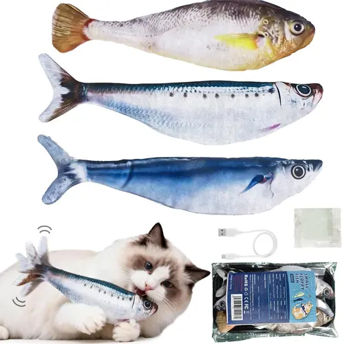 Plush Interactive Realistic Flopping Fish Cat Toys (3 Pack) - 3 Flapping Modes, Tap-Activated, Rechargeable, 7.1in, Sardine/Saury/Yellow Croaker, with Catnip, Enhances Indoor Exercise, for All Cat Breeds, Abs-Inclusive Design, Floating Fish, 7.1 Inches