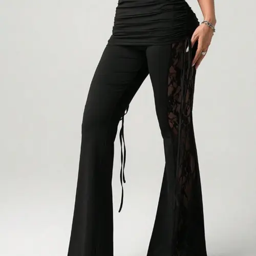 Women's Beach Vacation Sexy Lace Side Pleated Drawstring Waist Bell Bottom Pants, Chic Stylish and Comfortable Fashion Wear