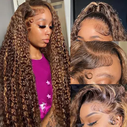 13x6 Deep Wave Lace Front Wigs 30 Inch 4/27 Honey Blonde Human Hair Pre Plucked Highlight Ombre HD Lace Frontal Wig With Baby Hair for Women