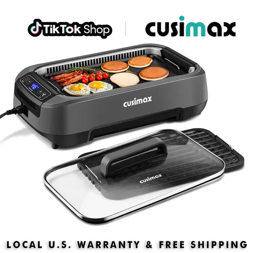 CUSIMAX 1500W Nonstick Smokeless Electric Indoor Grill - Korean BBQ Style, Small Footprint, Removable Plate, LED Display, Tempered Glass Lid, Grill Rack, Grey for Indoor Cooking, Nonstick Smokeless Grills,SummerFinds,home essentials