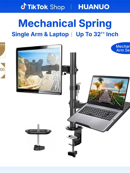 HUANUO 2-in-1 Ergonomic Monitor Arm Desk Accessory, Adjustable Single Arm Desk Mount with Laptop Tray, Fits 32-in Screen & 17-in Laptop, 22 lbs Capacity, Dual Monitor Compatible, Easy Assembly, Heavy Duty Office Accessory, Office Accessories, Desk Accesso