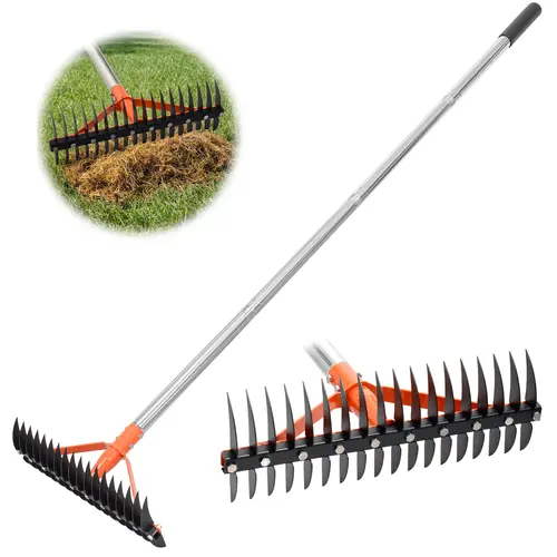Lawn Thatching Rake, Heavy-Duty Bedding Rake with Adjustable Stainless Steel Handle for Lawn Care, Dead Grass Removal, Durable Gardening Tools