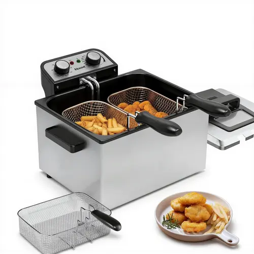 VEXON Durable Stainless Steel 5L Deep Fryer - 3 Baskets, 1800W High-Heat, 21-Cup Capacity, 120V Plug, Oil Tank, Heat-Insulated Handles, Easy Cleanup Kitchen Appliance for Home Family Meals, Game Day Use