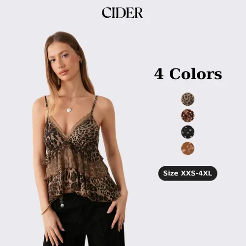 Cider Chiffon Leopard V-neck Lace Trim Cami Top Classy Elegant Sleeveless Top SummerWins SummerFinds