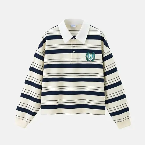 inflation Men's Vintage Striped Polo Shirt in Navy & Cream, Long-Sleeve Boxy Crop Top for Casual Campus Streetwear, Polo Shirt Outfit, Stylish, Vintage Clothing, Class, Fashion, Vintage Shirts
