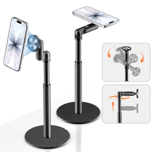 Vtrusta MagSafe 360-Adjustable Magnetic Phone Mount - Compact Sturdy Aluminum Alloy Desk Holder for iPhone, iPad, Smartphone, Mobile Devices - Phone Accessories, Desk Accessories for Stable Vlogging Filming