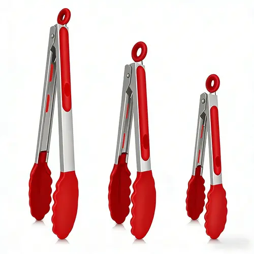 AREL Professional 3-Piece Stainless Steel Kitchen Tongs Utensils - 8-13" Size Match, Heat-Resistant, Dishwasher Safe, Ergonomic Grip, Salad Toss Control, Secure Hot-Dish Lift, Pasta Handling, Ideal for Campfire-BBQ - 3-in-1 Kitchen Set