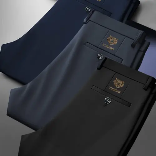 3piece set Men's New Loose Straight Leg Elastic High Waist Fitted Formal Pants, Anti-Wrinkle Comfortable Tiger Head Business Casual Bottoms Trousers, Work and Weekend Fashion