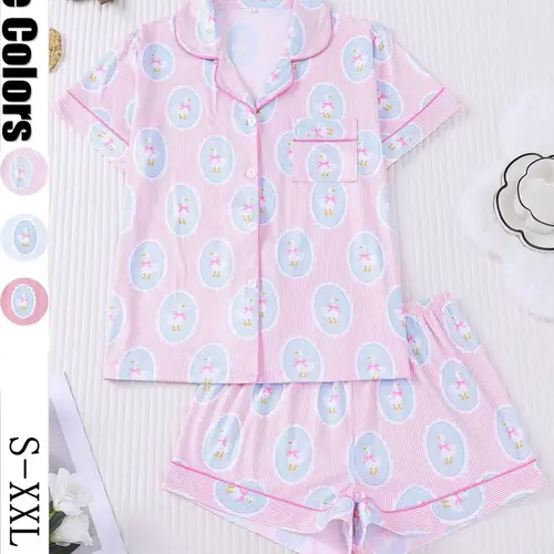 Women's Spring and Summer Pajama Set Pjs, Pajama Outfit, Collared Pajama Set, Cute Gentleman Duck Print Casual Loungewear Nightwear, Comfortable Shirt Collar Short Sleeve Top & Loose Elastic Shorts Pyjamas