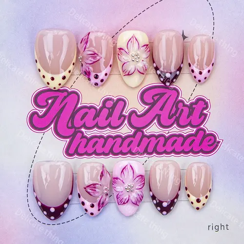 Delicate Thing Y2K Style Short Almond Nail Set, Decorative Nails, Handmade Wearable Nails with Carving, Spots, French Tips and Flower Designs, Includes Adhesive Gel, Dead Skin Pusher and Scrubber, Nail Accessories Supplies