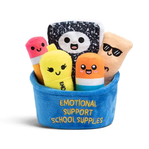 Emotional Support School Supplies Plush by Relatable - Cute Stuffed Animals and Squishy Toys, Fun Gift Ideas For All ages, and Your Favorite Teacher - Includes 5 Plushies with Carrying Basket
