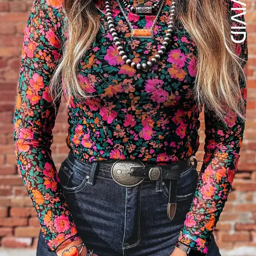 Women's Casual Classy Elegant Feminine Slim Fit Stretchy Floral Print Mesh Long Sleeve Mock Neck Top, Stylish All Seasons Fashion, Comfortable Daily Wear