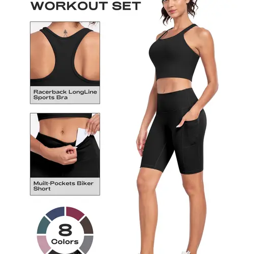 【Fast 3-Day Delivery】2026 New 2-Piece Workout Set - Racerback Longline Sports Bra High Impact + Tummy Control Biker Shorts with 1 Waist Hidden Pocket & 2 Side Pockets – Women’s Yoga Out Activewear for Gym Running Training