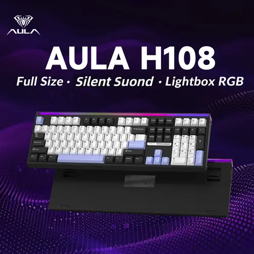 AULA H108 Full-Size Silent Mechanical Keyboard - Tri-Mode Bluetooth 2.4G Wireless, Silent Feather Switches, RGB Backlight - Black/White/Purple Options for Office Use, PC Accessories, Silent Keyboards,back to school,back to school shopping