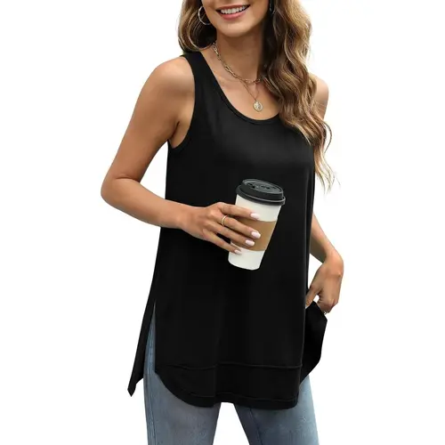 WIHOLL FASHION SwimWeek Loose Fit Tank Tops for Women Scoop Neck Summer Side Split Sleeveless Shirts 2025 Fashion