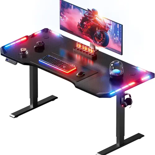 Ecofurnix Electric Standing Desk - 160x60cm Carbon Fiber Scratch-Resist Coat Desk with LED Lights, 3-Memory Smart Panel, 45dB Quiet Lift, RGB LED Adds Game Vibe, Home Office to Gaming Hub, Black