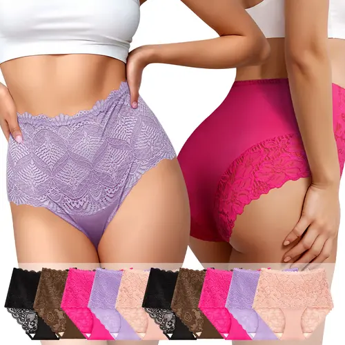 Morelect Women's High Waisted Panties (3/6/10 Packs) - Basic Brief Cut, Soft Nylon, Lace Trim, Breathable Seamless Full Coverage Underwear, Sizes S-5XL, Multiple Packs