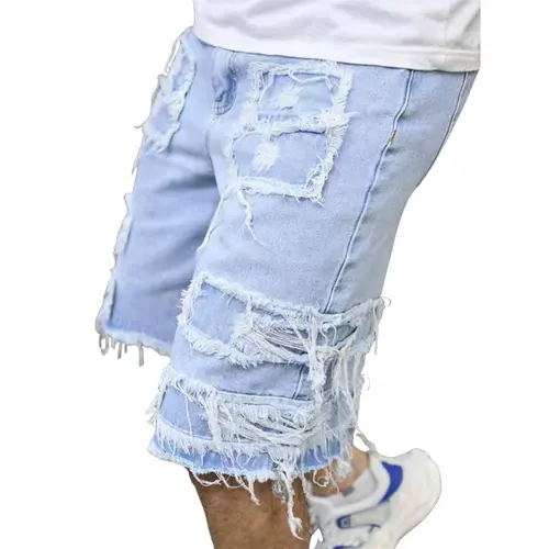 Men’s Slim-Fit Distressed Jean Shorts - Stylish Menswear, Slight Stretch, Tassel Hem, No Drawstring, Casual Frayed Bottoms, Bold Street Style Summer Essential, Fringed Denim Men's Shorts, Distressed Washed Men's Shorts